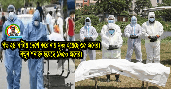গত ২৪ ঘন্টায় দেশে করোনায় মৃত্য হয়েছে ৩৫ জনের,নতুন শনাক্ত হয়েছে ১৯৫০ জনের।