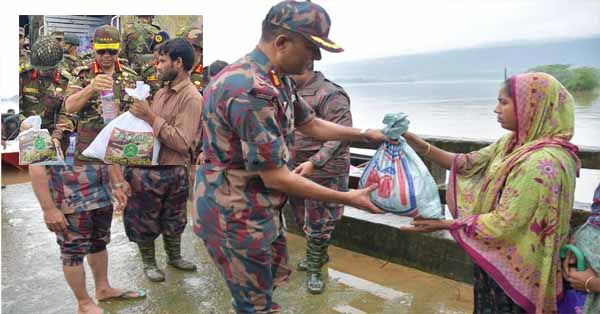 বন্যাদুর্গত সিলেট ও সুনামগঞ্জ জেলার অসহায় বানভাসি মানুষের পাশে বিজিবি সিলেট ও সুনামগঞ্জ